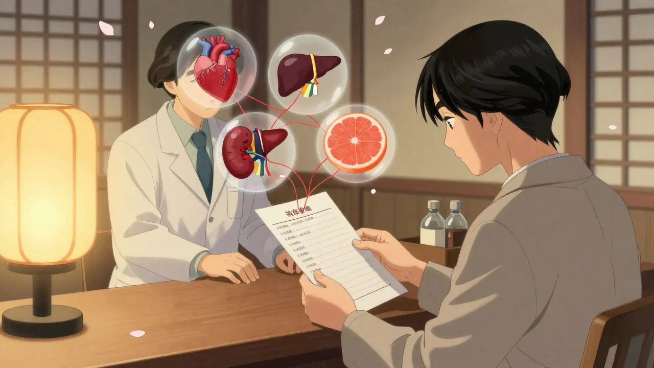 Apotekar og pasient ved trebrett med flytende symboler for legemiddelvirkninger i ukiyo-e stil.