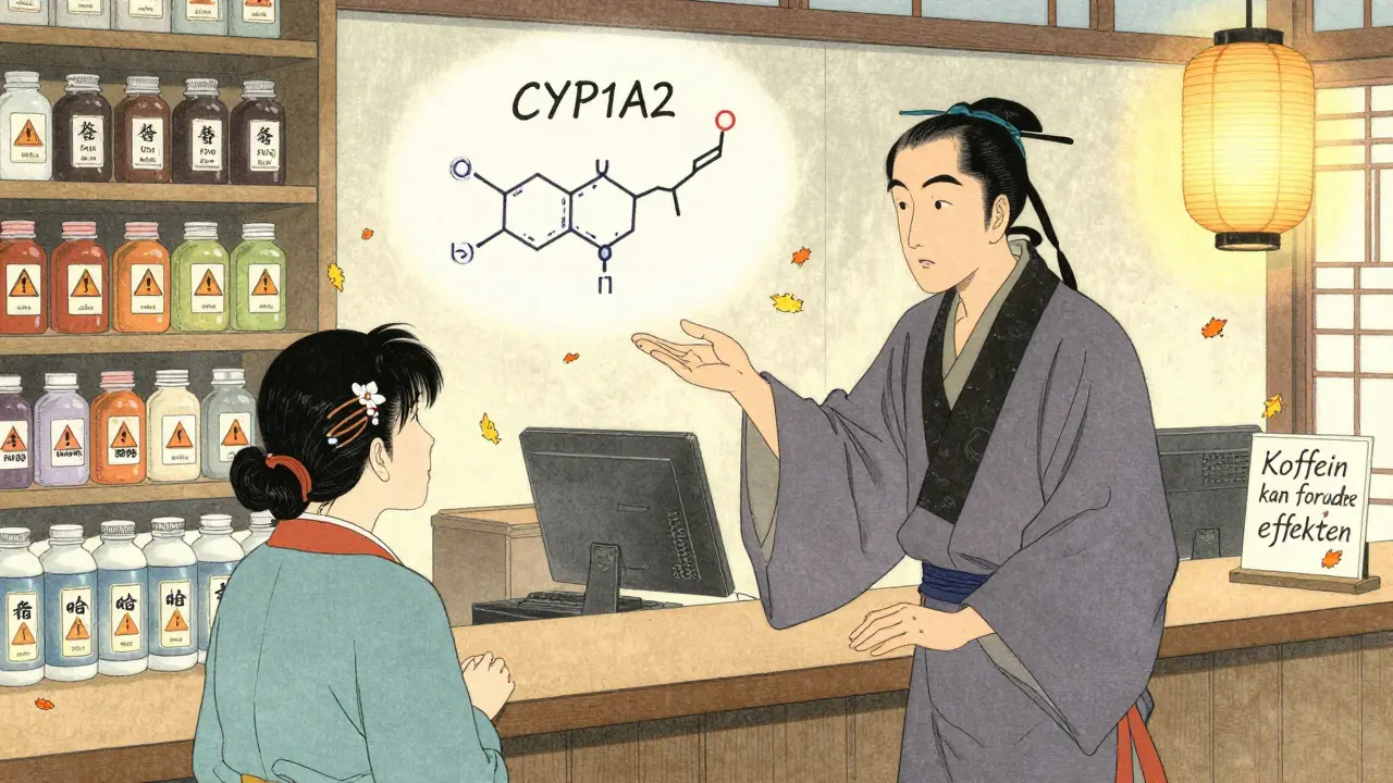 Apotekar råder kunde ved disken, energidrikker og enzym-diagram i bakgrunnen.