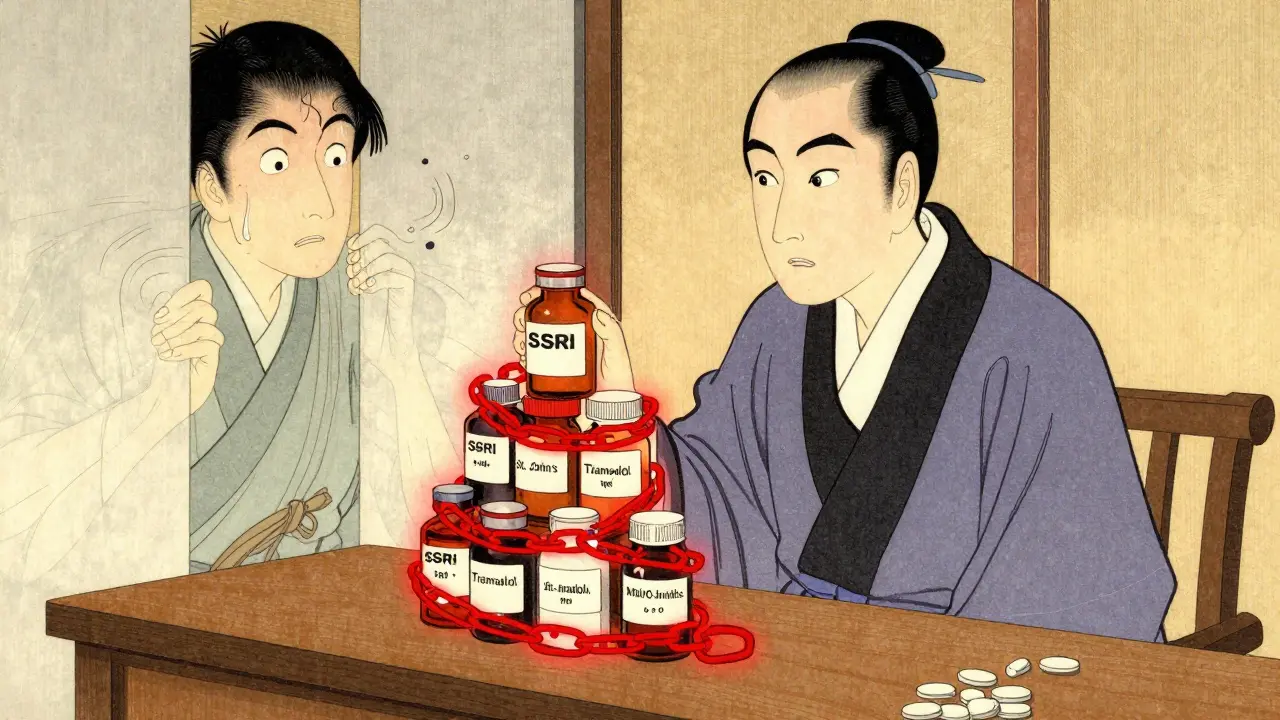 Apotekeren ser på farlige legemiddelkombinasjoner med en rød advarselssnirkel.