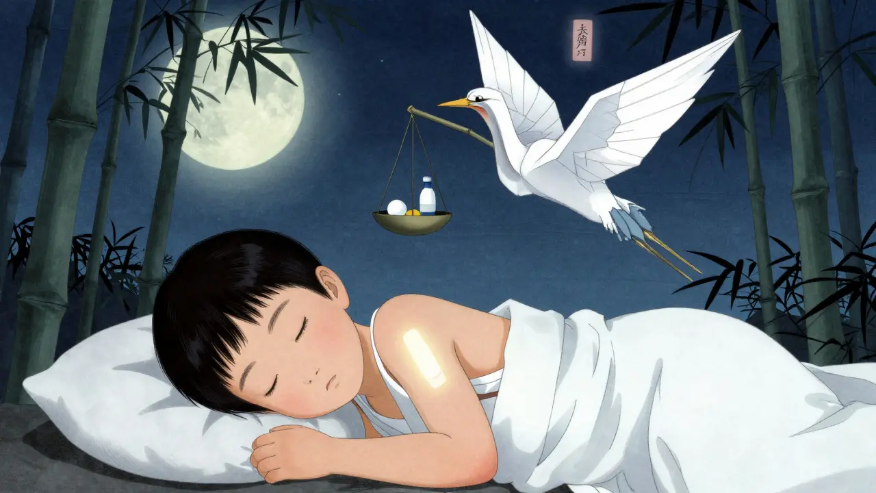 Barn sover mens en krane blir til en beskytter som veier steroidstyrke mot hudtrygghet.