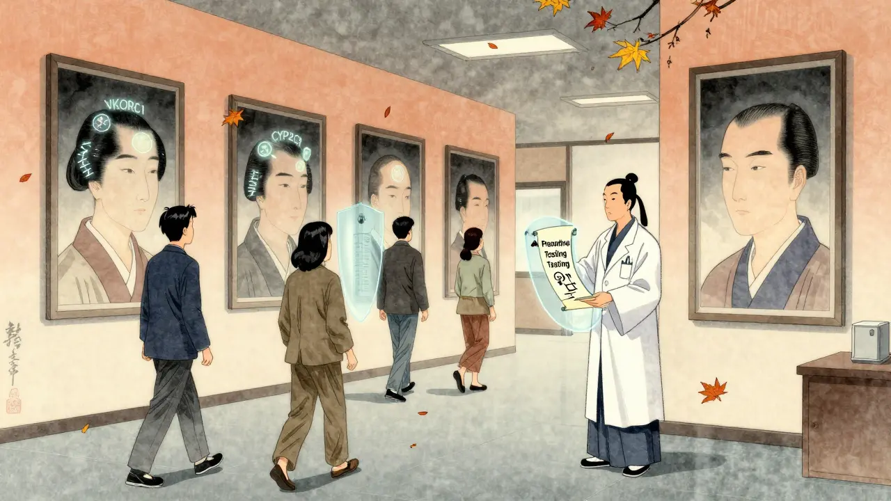 Diverse pasienter går forbi portretter med glødende gener, mens en farmasøyt holder en skjerm med forebyggende testing.