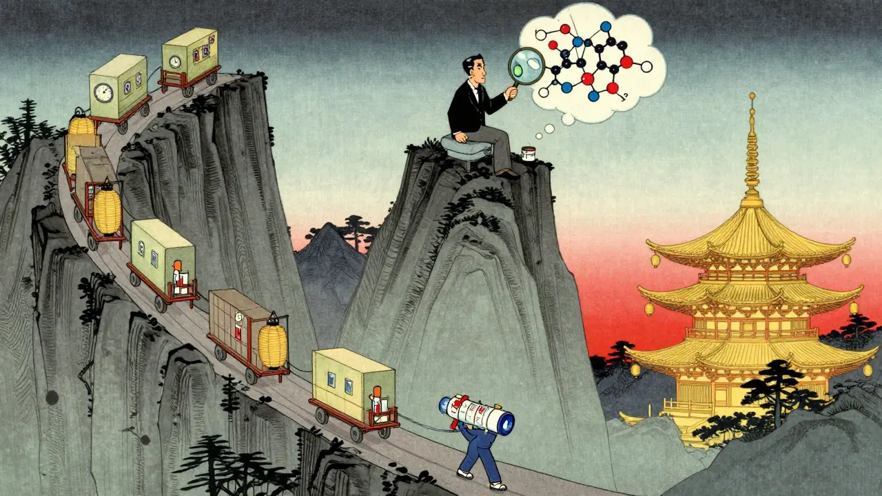 En fjellsti med kjølekjede-transporter som klatrer mot en regulator som undersøker molekylære data, med små og store selskaper i kontrast.