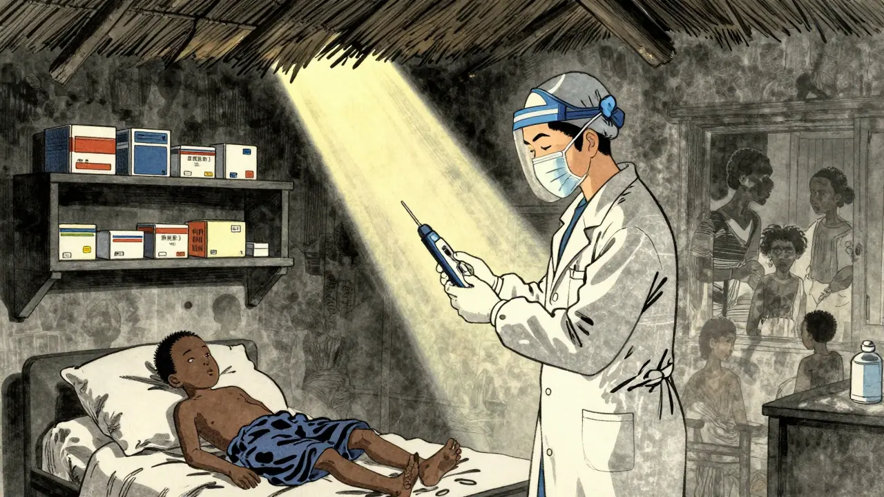 En helsearbeider tester medisiner i en mørk klinikk, sollys faller på et tomt seng, mens skygger av pasienter forsvinner i veggen.