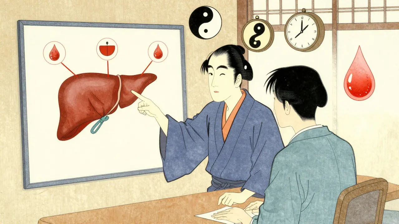 En hudlege viser til en blodprøve-diagram med lever- og fettverdier, mens pasienten lytter oppmerksomt.