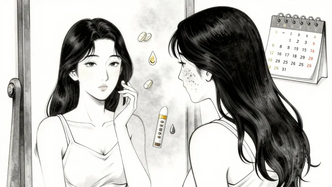 En kvinne ser i speilet og ser sin tidligere akne forsvinne, mens klart hud og livsforandringer vises som smykker i bakgrunnen.