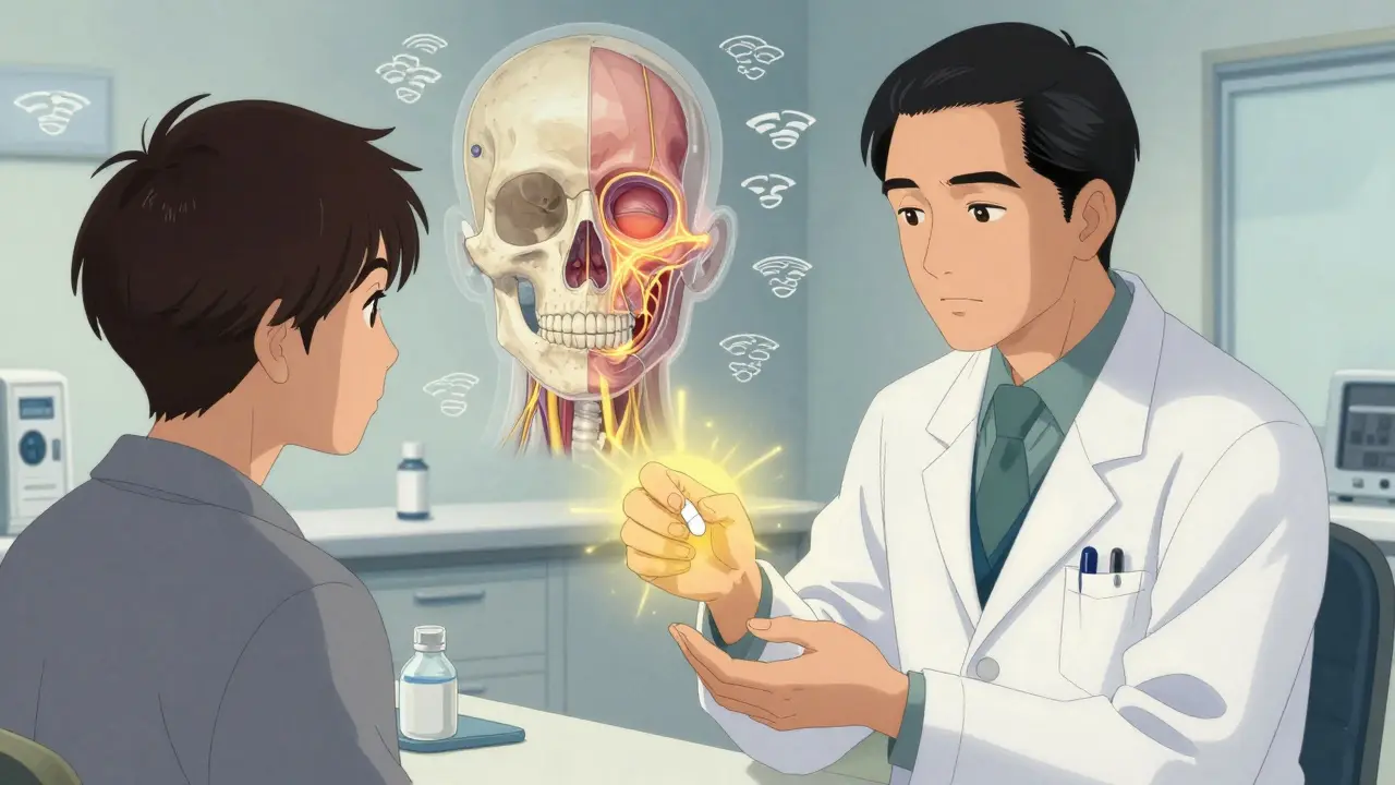 En lege gir en pasient en tablett med gullglimt, mens en gjennomsiktig nerverevisning viser inflamasjon som trekker seg tilbake.