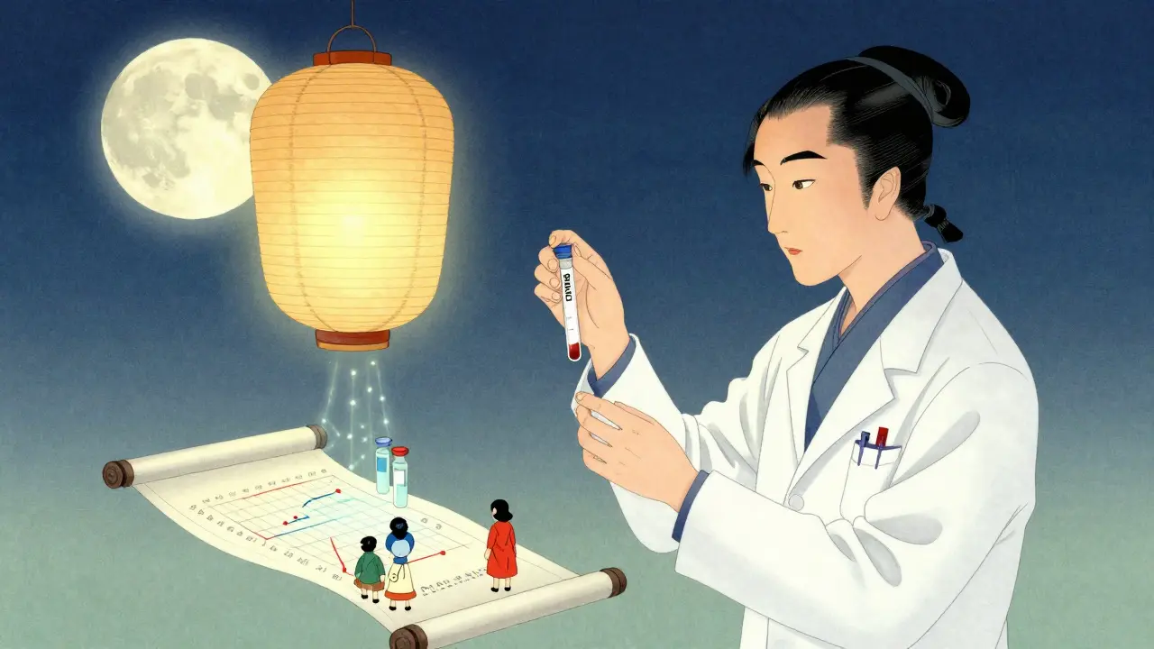 En lege samler blodprøver under månebelysning, mens en digital modell svever over som en lampion.