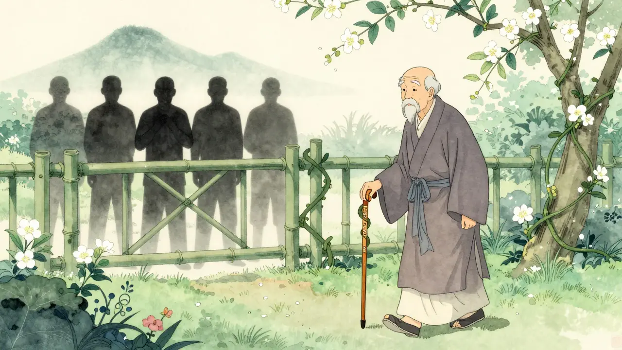 En pasient vandrer i en fredfull hage med trygge diabetesmedikamenter, mens farlige stoffer holdes utenfor.