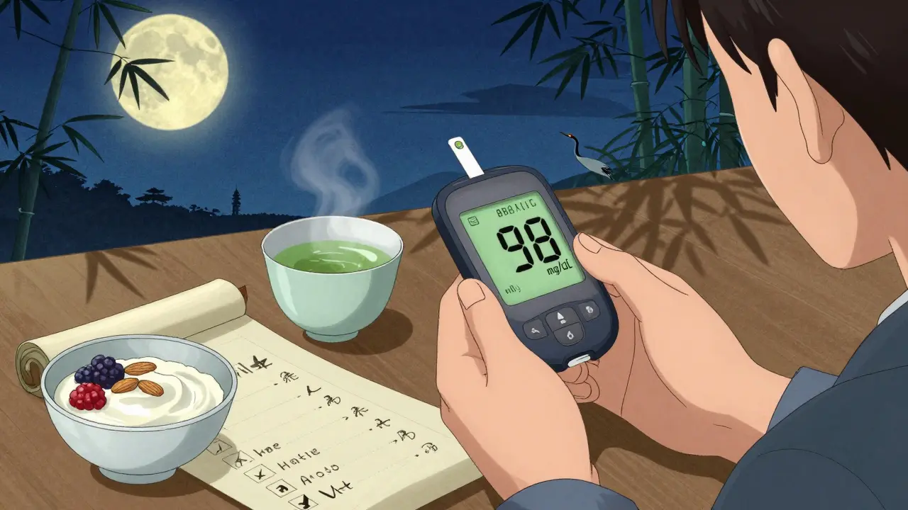 En person ser på blodsukkermåling med yoghurt og bær ved siden av, i rolig nattlys.