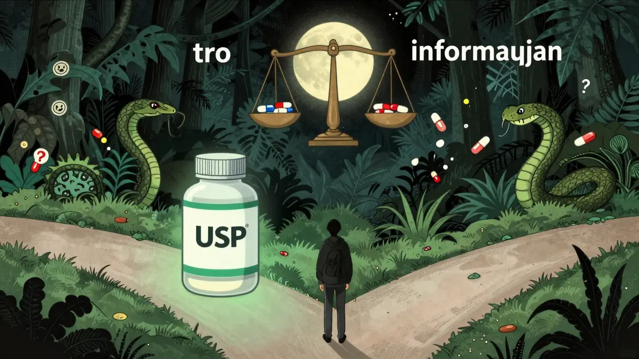 En person ved en veiskille: en trygg vei med USP-mærket mot en mørk skog med giftige planter og spørsmålstegn — symbol for tro vs. kunnskap.