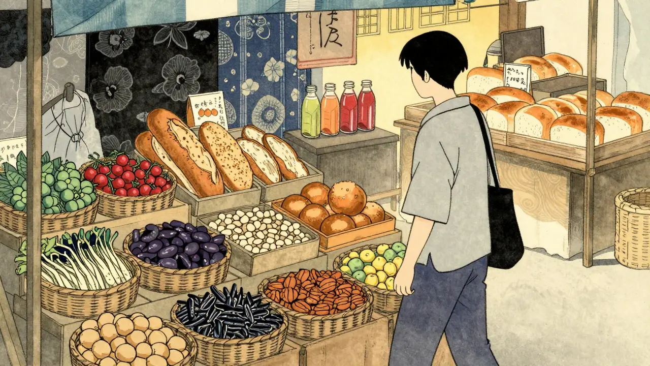 En person velger helkorn og bær i en markedsgate, unngår sukkerholdige drikker.