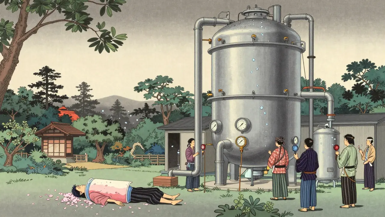 En stor bioreaktor i en japansk hage, med arbeidere som overvåker strømmer og en kastet batch med visne blomster.