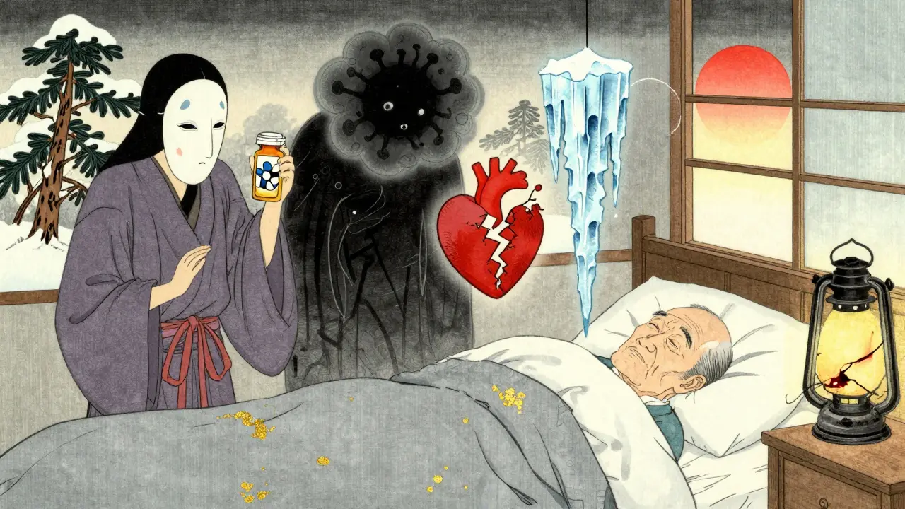 Fem symbolske årsaker til myxedemakoma som spøkelser over en sovende eldre, med snø og soloppgang i bakgrunnen.