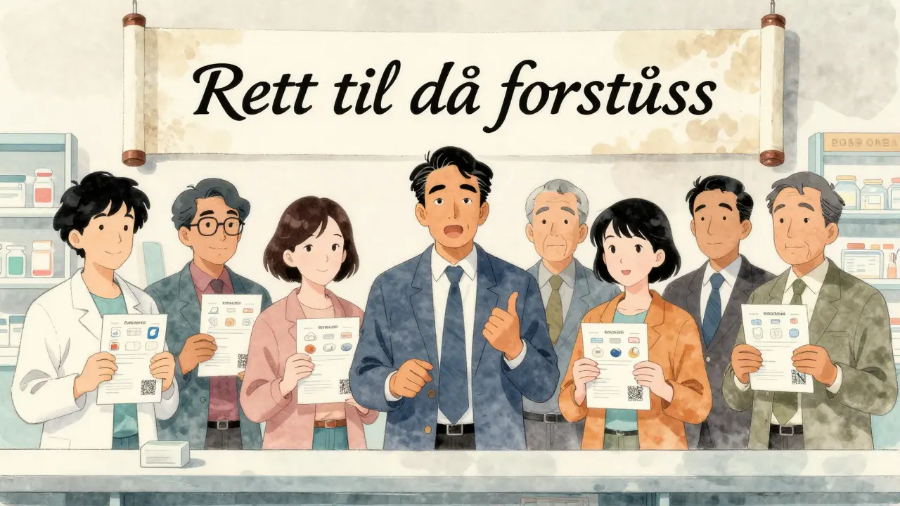 Flere pasienter står ved apoteket med enkle legemiddelguides, en banner med tekst om pasientrettigheter bak dem.