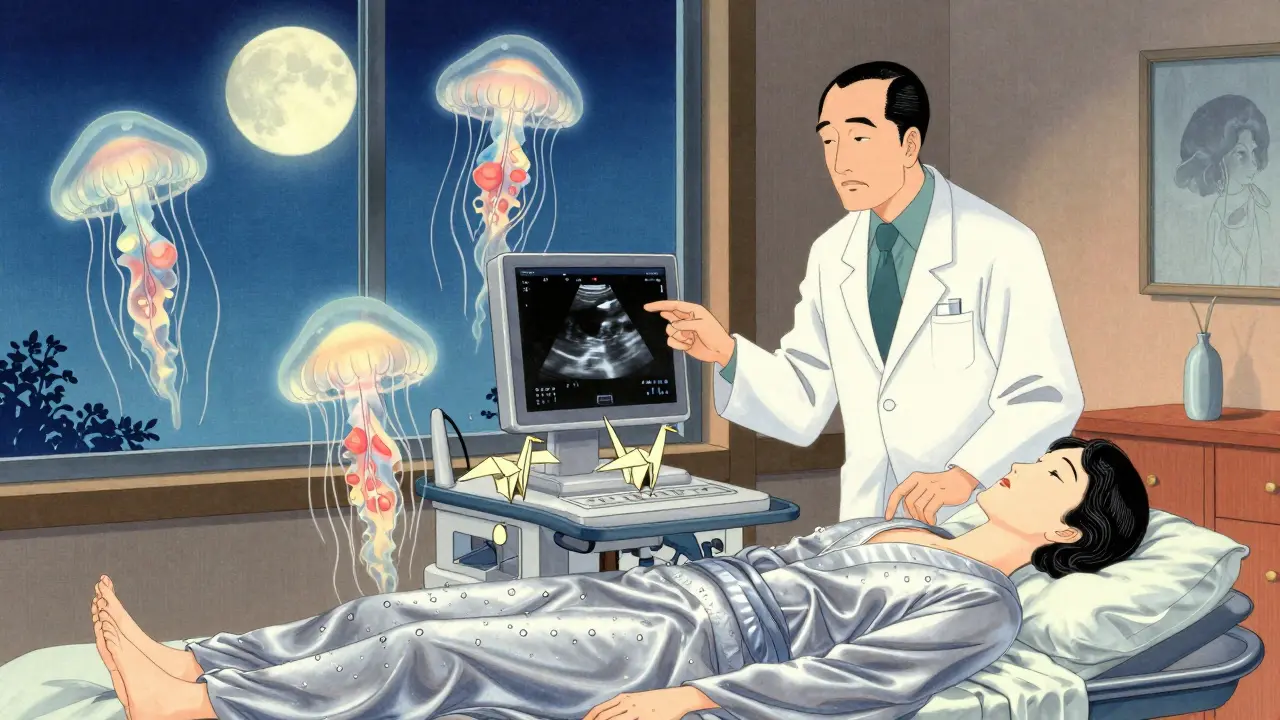 Hydronefrose-gradene vises som jellyfish, mens AI-krane måler og folder data i en klassisk klinisk scene.