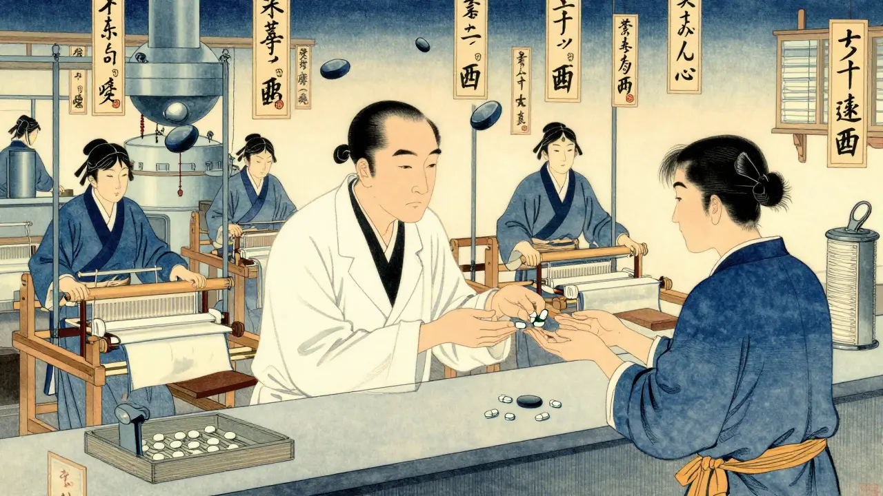 Kinesisk apotek med arbeidere som vever legemidler, prissteiner faller fra himmelen.