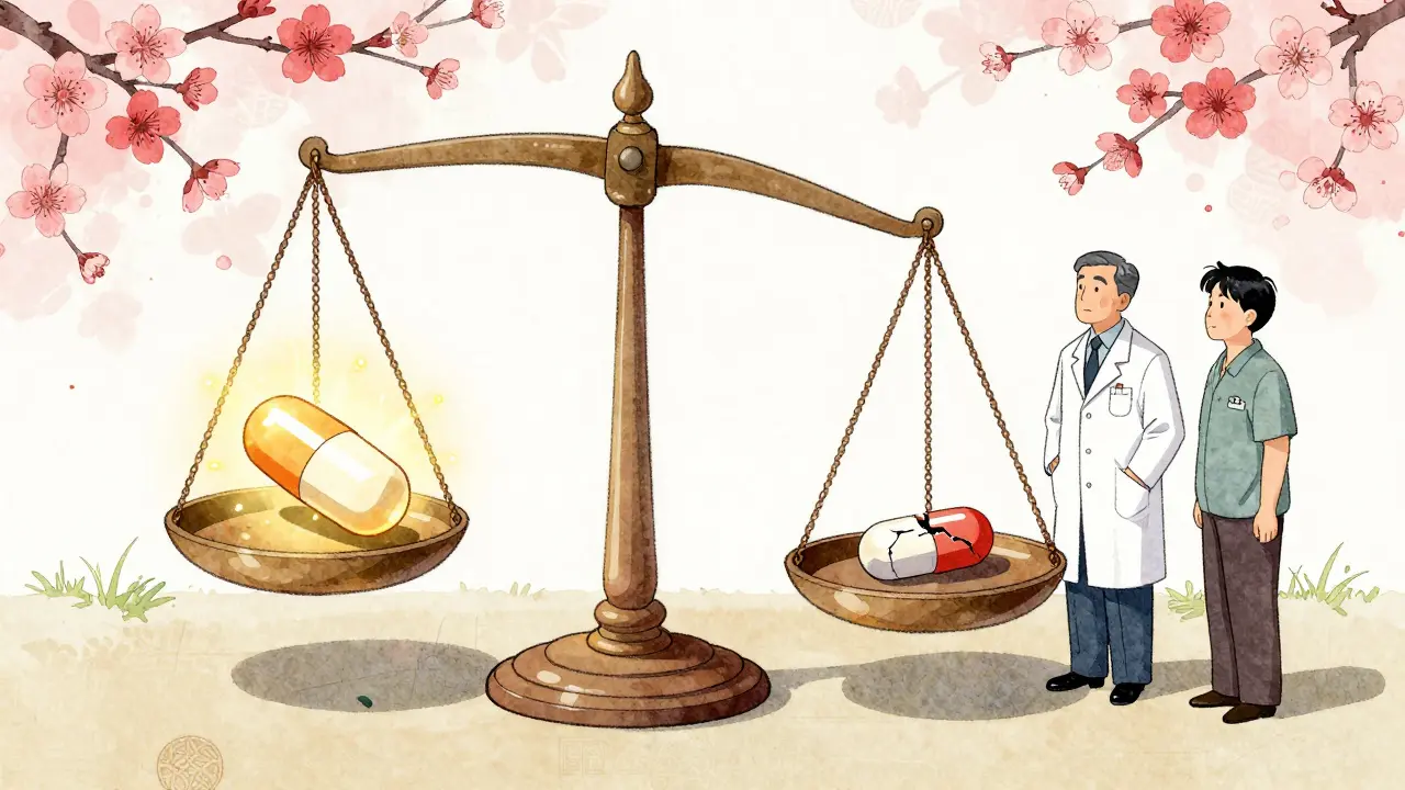 Koreansk vekt med høykvalitets og lavkvalitets legemiddel, balansert i harmoni.