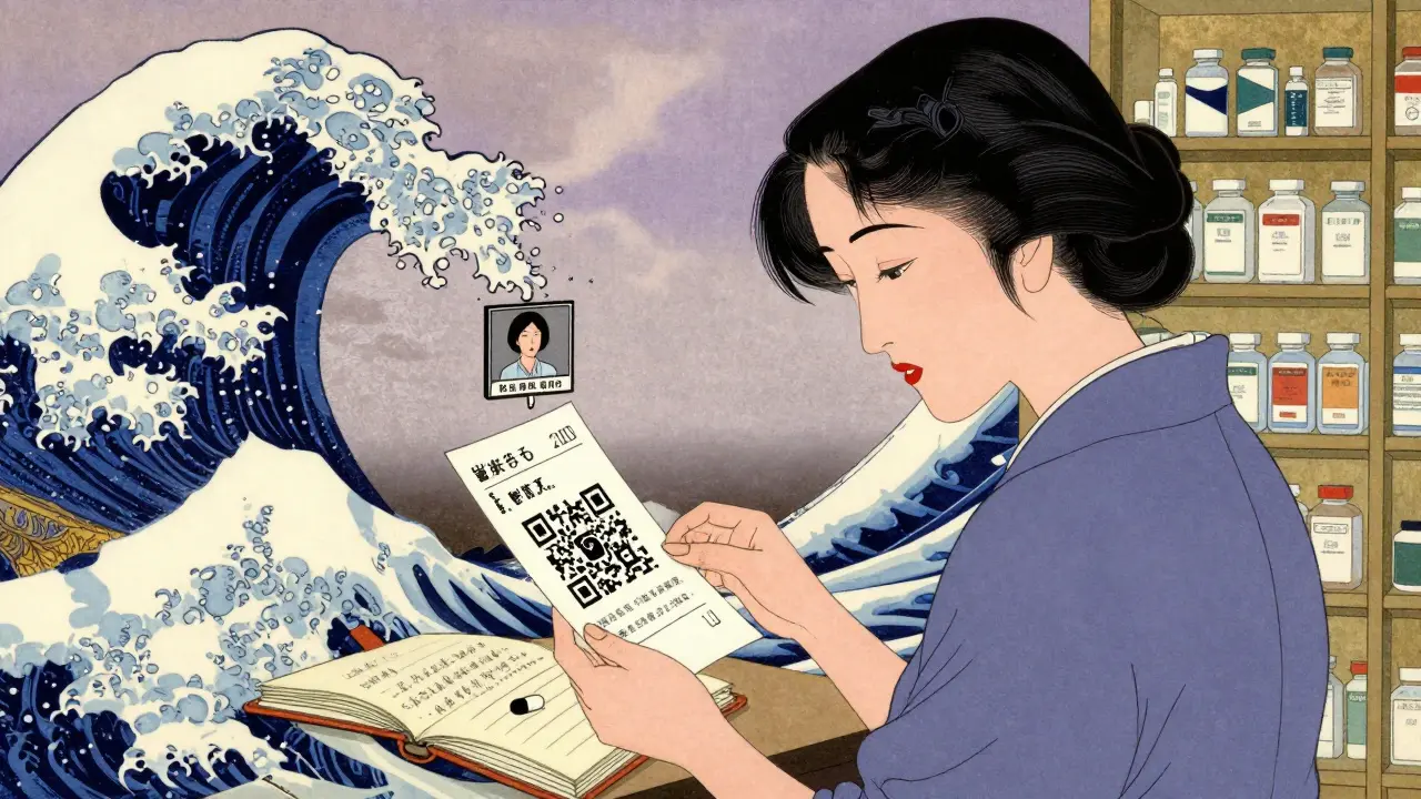 Kvinne leser en legemiddelinstruksjon med QR-kode som viser en video i hennes språk, notater ligger ved siden av.