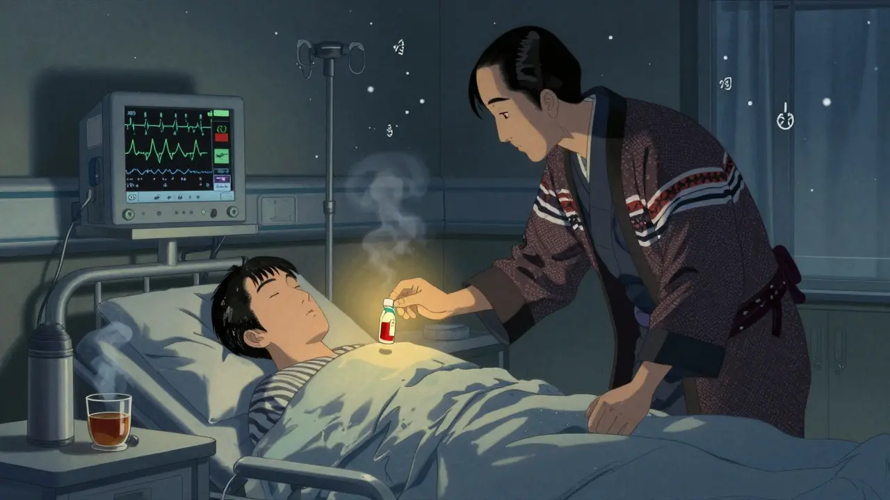 Legen gir intravenøs hormonbehandling til pasient med lav kroppstemperatur i intensivavdeling, varm lysstråle i mørket.