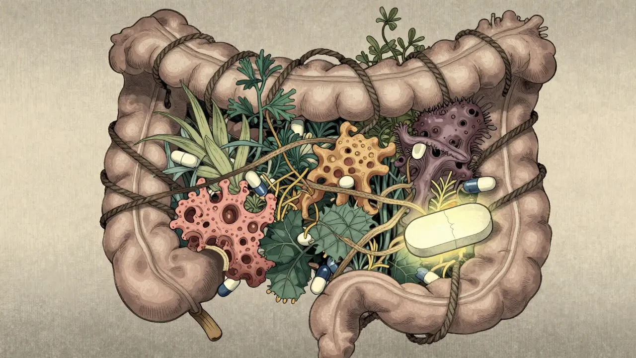 Medisiner bundet i tarmen av sponge-lignende objekter, illustrert i ukiyo-e stil.