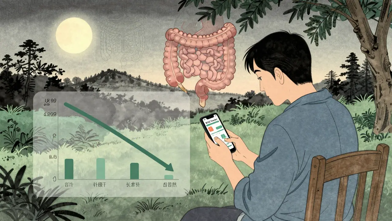 Pasient bruker app for å spore kost og symptomer i en stillhetsfull hage ved skumring.