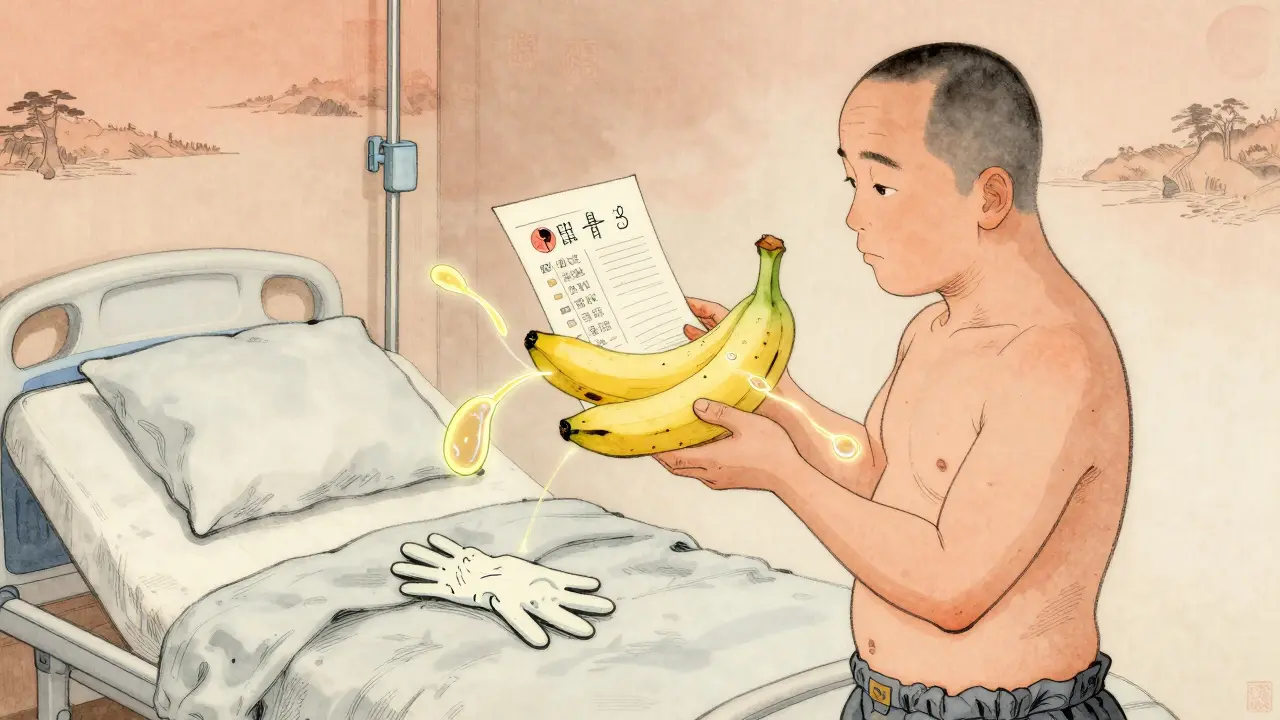 Pasient holder en banan mens latex-proteiner kobler mat og medisinsk utstyr.