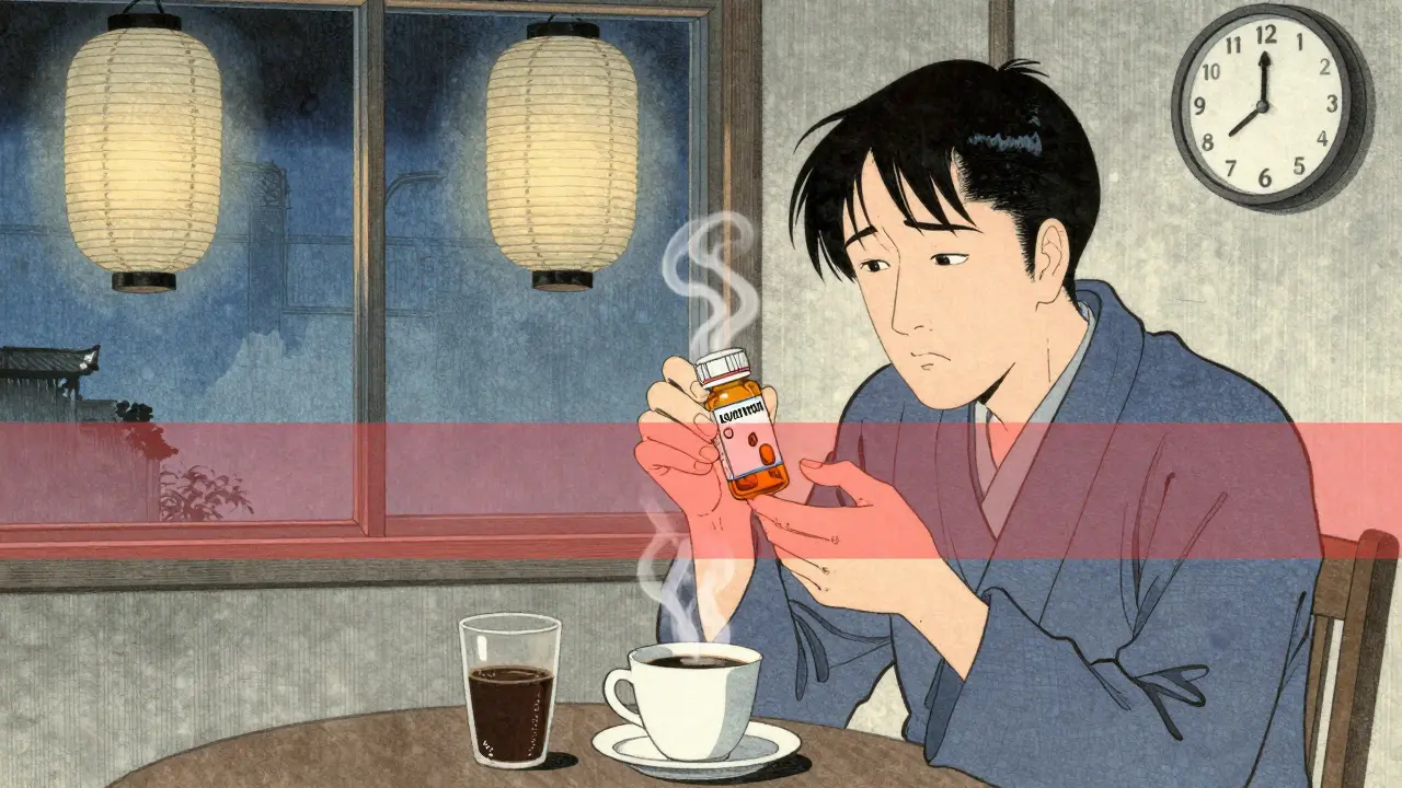 Pasient med levothyroxin og kaffe, rød barriere mellom dem, klokke viser 60 minutter.