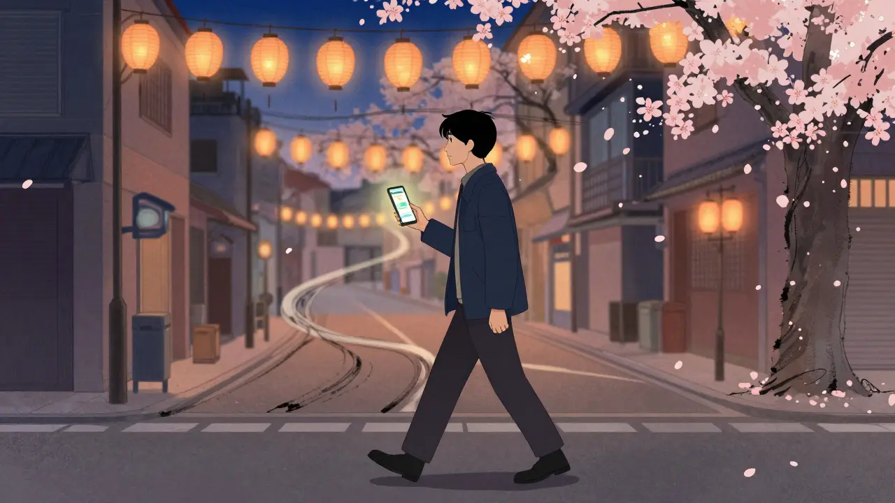 Person går i byen med symptomapp, tarm-hjerne-aksen som lykter.