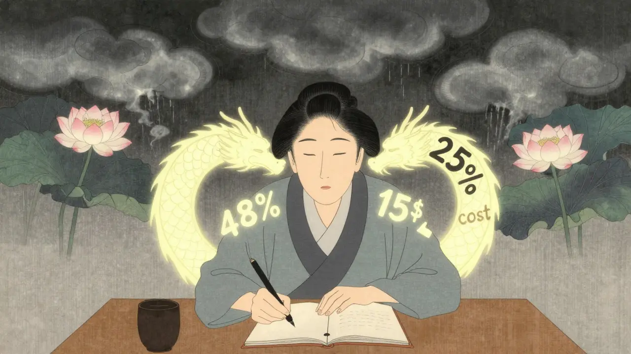 Person skriver i dagbok mens en lysdrage løser en migraine til blomster.