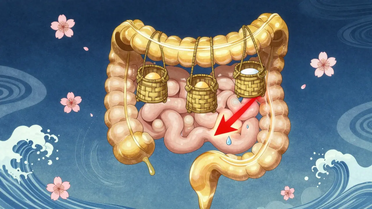 Symbolisk gallsyrestrøm blokkert av tre bindeelementer i tarmen med blomster og bølger.