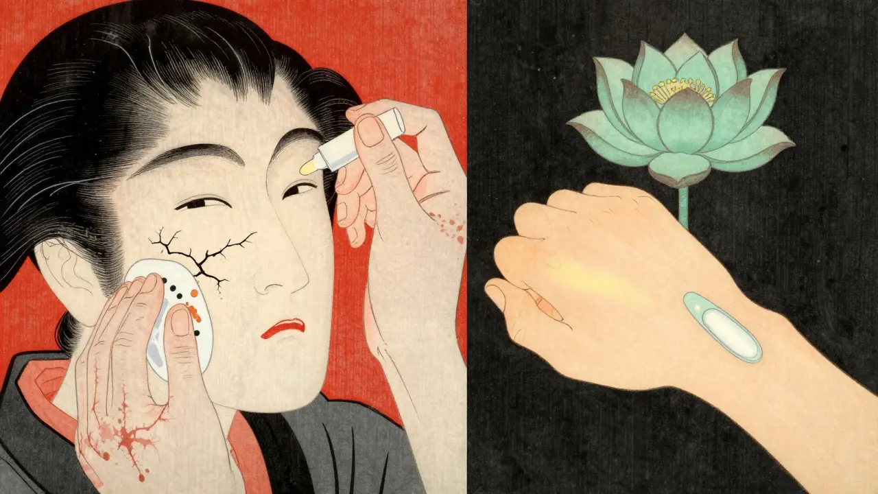 To hender: en med skadet hud og røde årener, den andre med sunn hud og en blomst over seg.