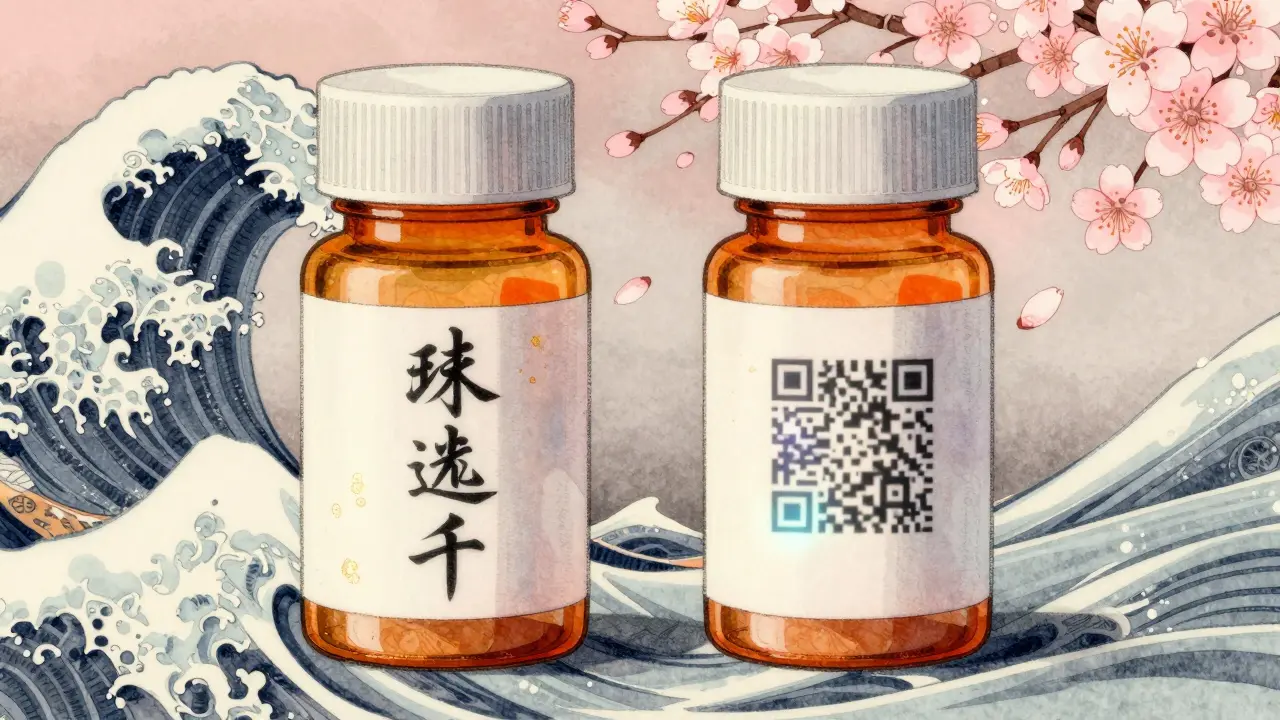 To identiske medisinflasker side om side – en ekte, en falsk – med detaljerte, ukiyo-e-inspirerte dekorative elementer.