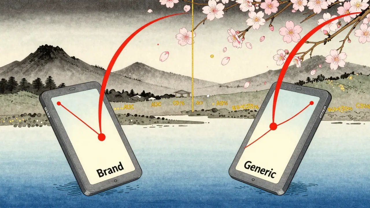 To legemidler i en elv med parallelle kurver som viser bioequivalence innenfor 80-125% grensen.