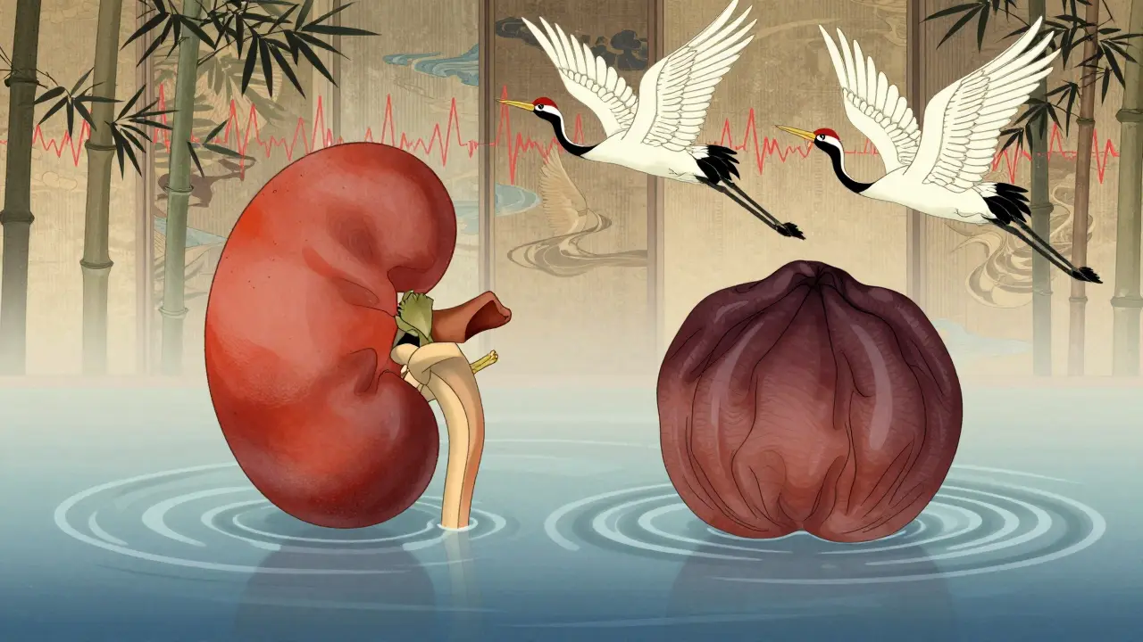To nyreformer—en sunn og en skadet—svirrer i en strøm av urin, med Doppler-bølger som krane.