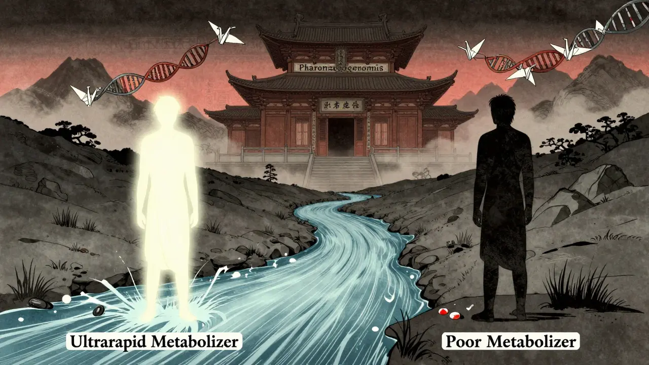 To personer på hver sin side av en elv, symboliserer ulik legemiddelmetabolisme med DNA som papirkraner.