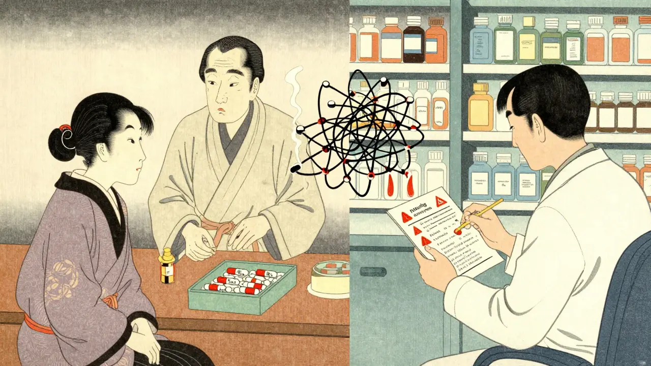 To scener: en urtehandler selger uetiketterte kapsler mot en apotekerkontor som viser farlige interaksjoner mellom urter og medisiner.