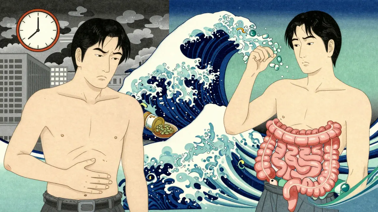 To sider av en person: stress mot ro, med tarm-hjerne-aksen som bølger.