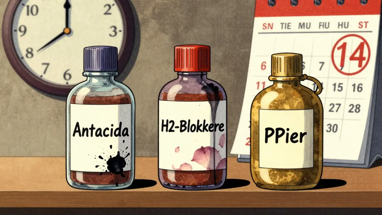 Tre medisiner på et skap, hver representert med ulike ukiyo-e stiltegn for effekt og varighet.