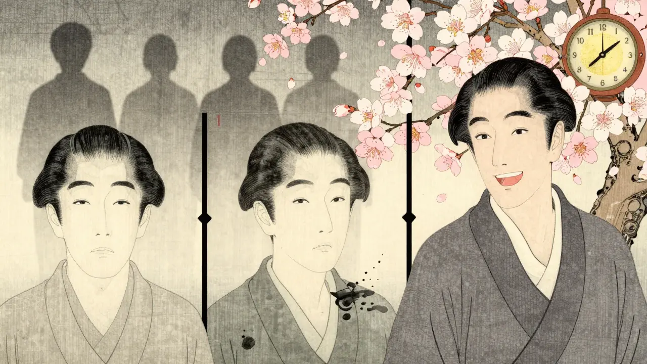 Tre paneler viser en mann sin gjenoppretting fra ansiktslähmning til fullt smil, med kirskeblomster og en gullfarget 48-timers ramme.