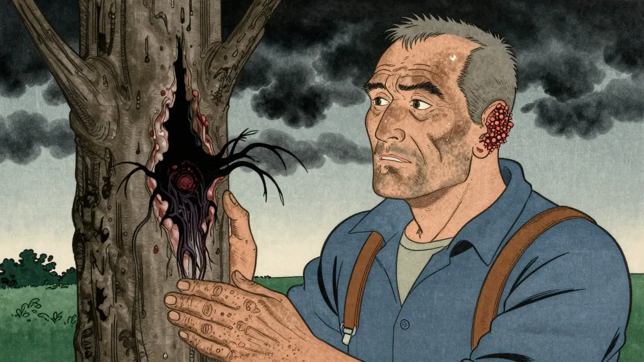 Arbeider med voksende lesjon på øret, mørke skyer over ham.