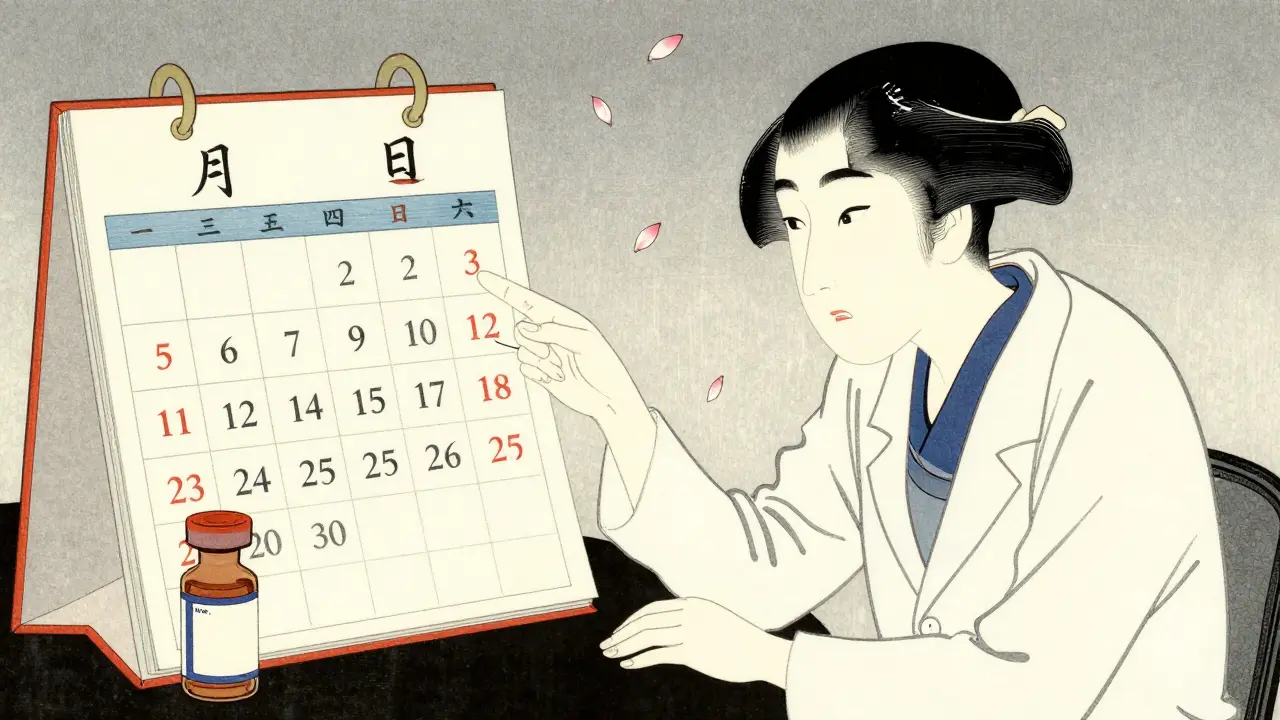 Doktor ser på kalender for rituximab-vaksinasjonstidspunkt i tradisjonell scene