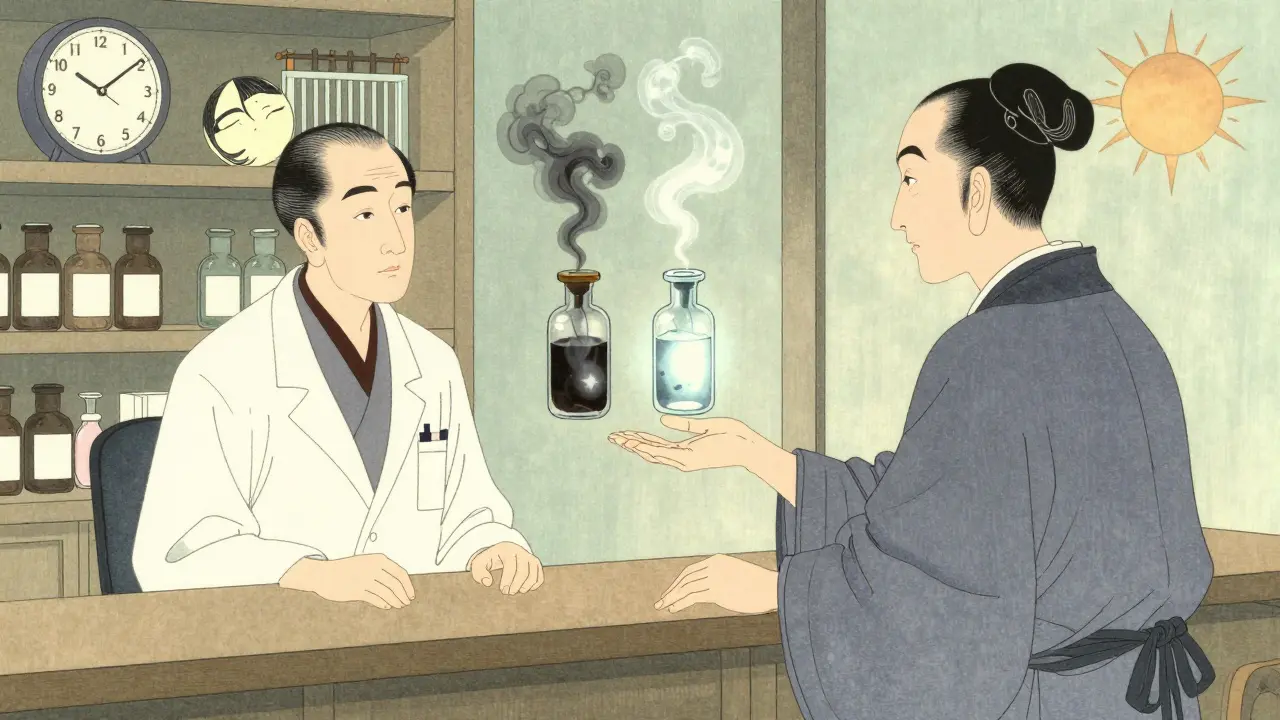 En apotekar gir råd ved en disk med to flaske med ulike effekter — en mørk og en lys — i ukiyo-e stil.