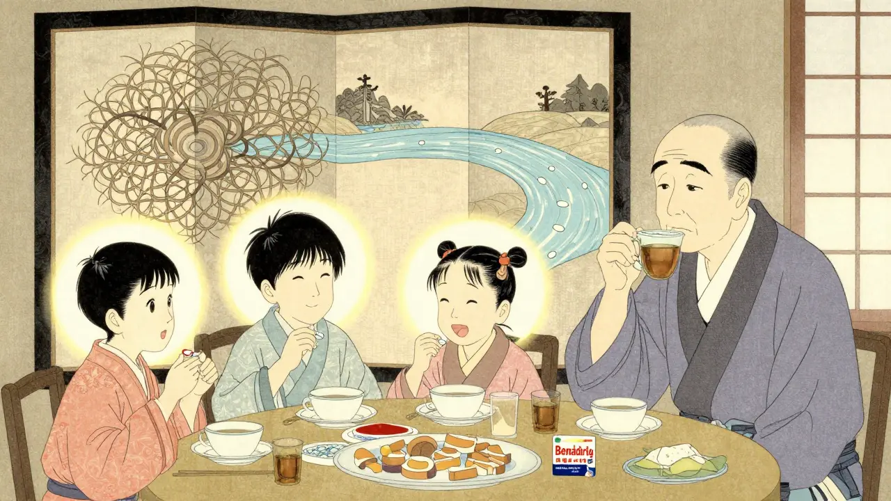 En familie ved frokostbordet med ulike antihistaminer; en eldre mann ser forvirret ut mens barna er friske og glade.