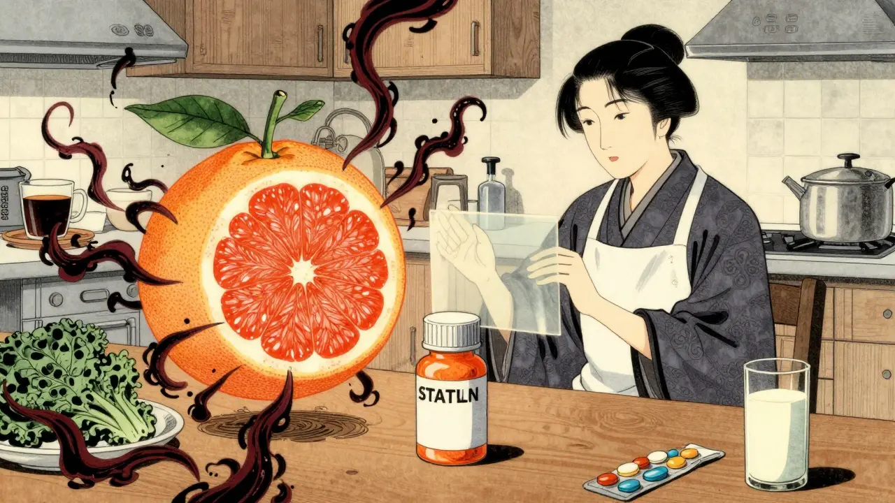 En grapefrukt og en statinmedisin står i konflikt, mens en apotekar beskytter.