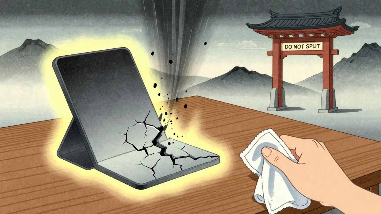 En hel tablett gløder trygt ved siden av en knust tablett som frigjør farlige partikler, med en rensende klut i forgrunnen.