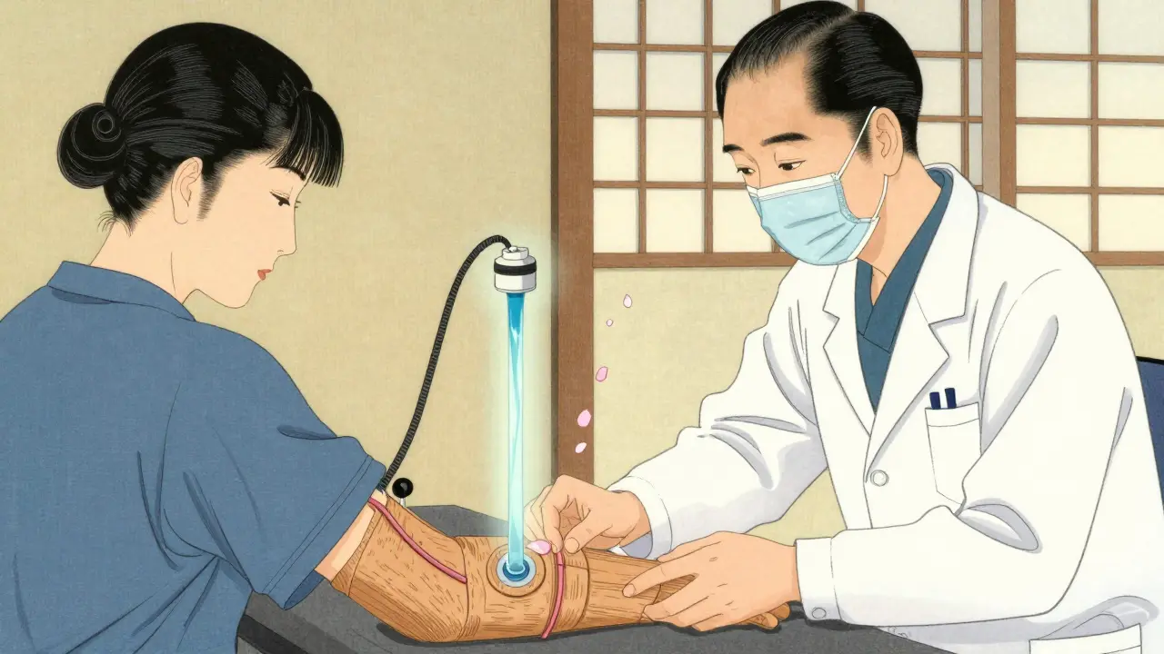 En lege setter på en albuesplint mens helende blomster faller over nerveren.