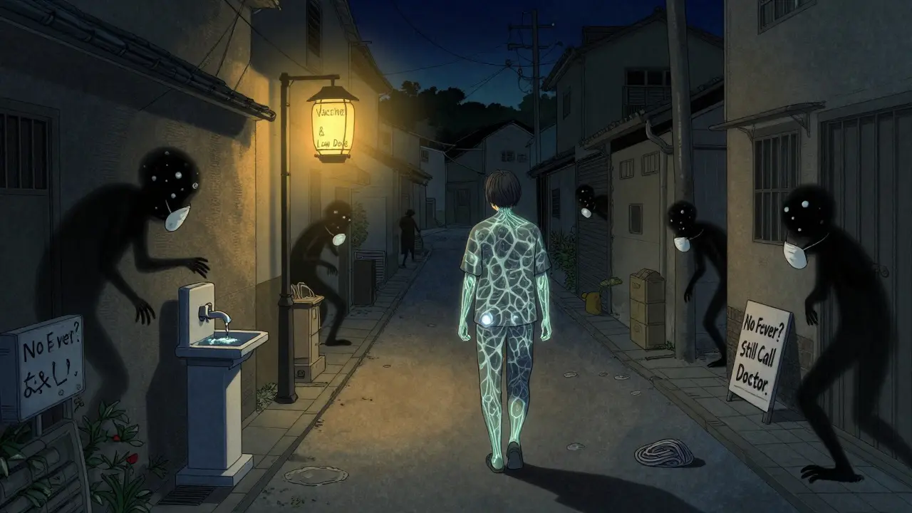 En person går gjennom en mørk gate med skjulte infeksjoner, mens en lykt med 'Vaksiner &amp; Lav Dose' lyser veien frem.