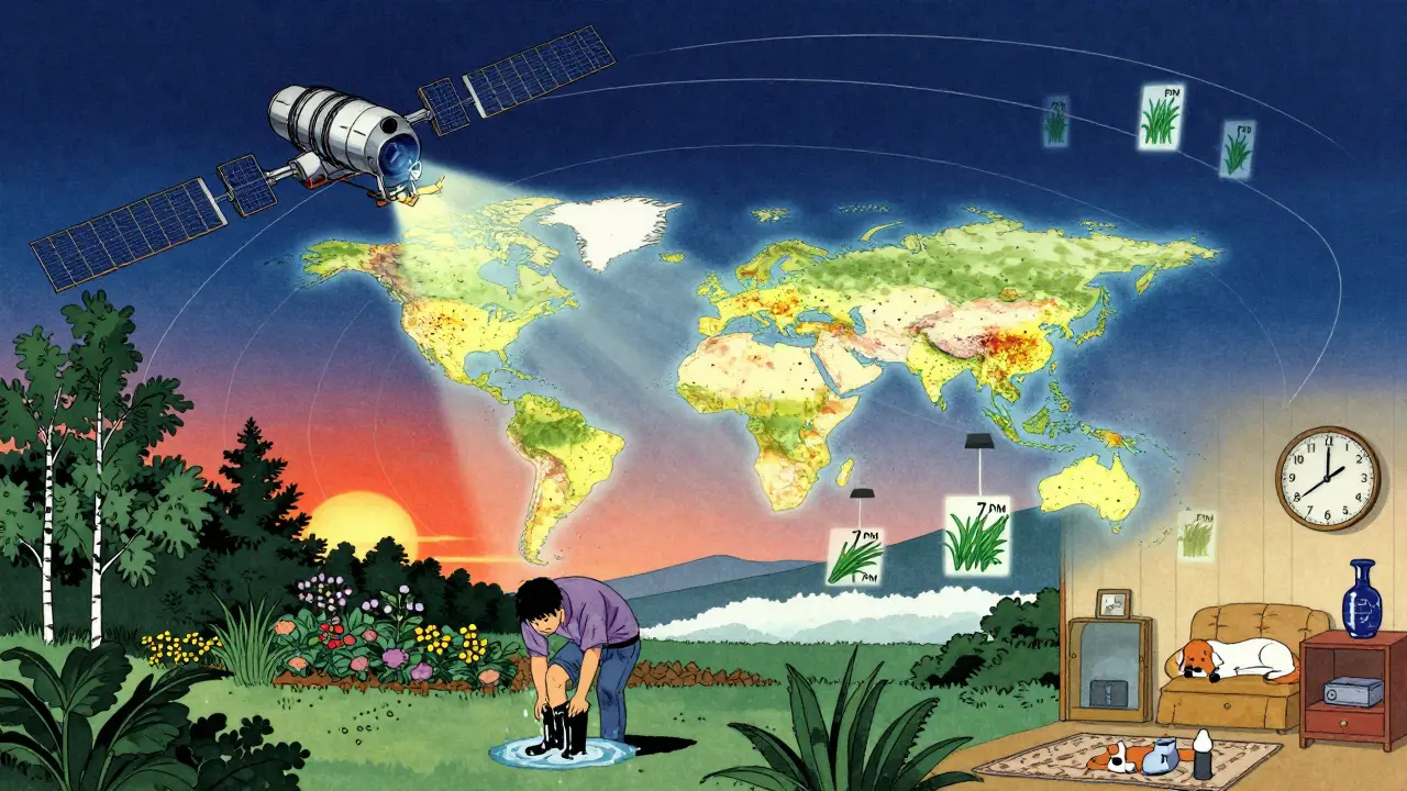 En satellitt projiserer pollenkart over Norge, mens en person vasker skoene sine for å unngå pollen i hjemmet.
