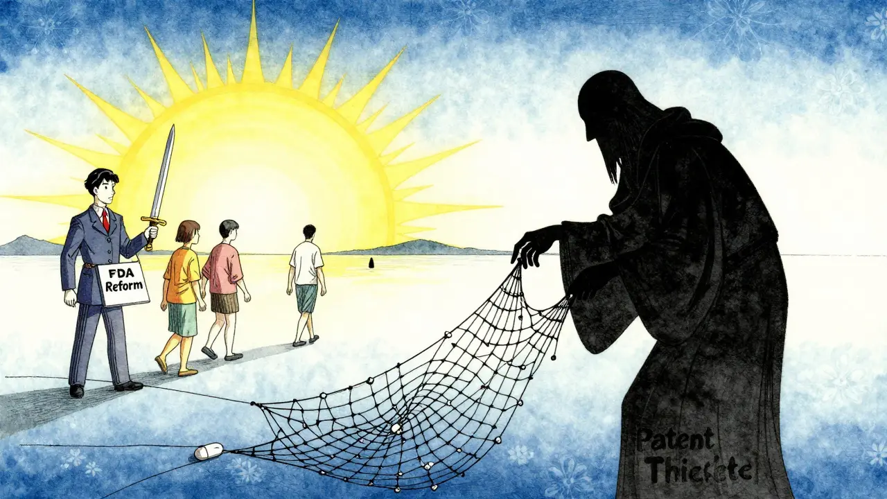 En skyggeaktig figur vevjer et nett av patent, mens en reformkraft bryter gjennom.
