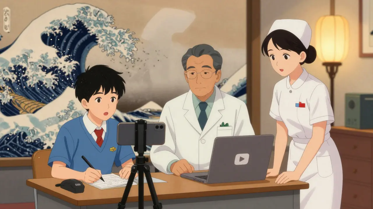 En student, farmasøyt og sykepleier lager en undervisningsvideo med en telefon i et klasserom.